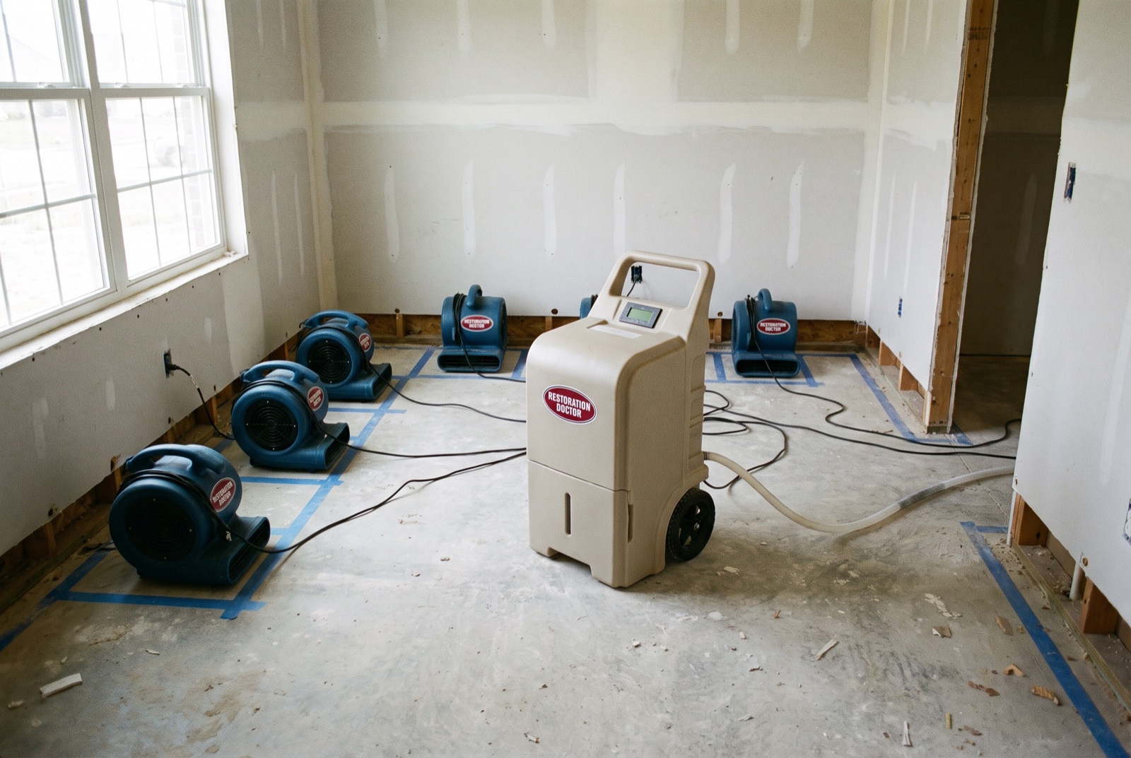 Snail-shell centrifugal air movers and an LGR dehumidifier staged in a structural drying layout — illustrative; water damage restoration serving West Palm Beach