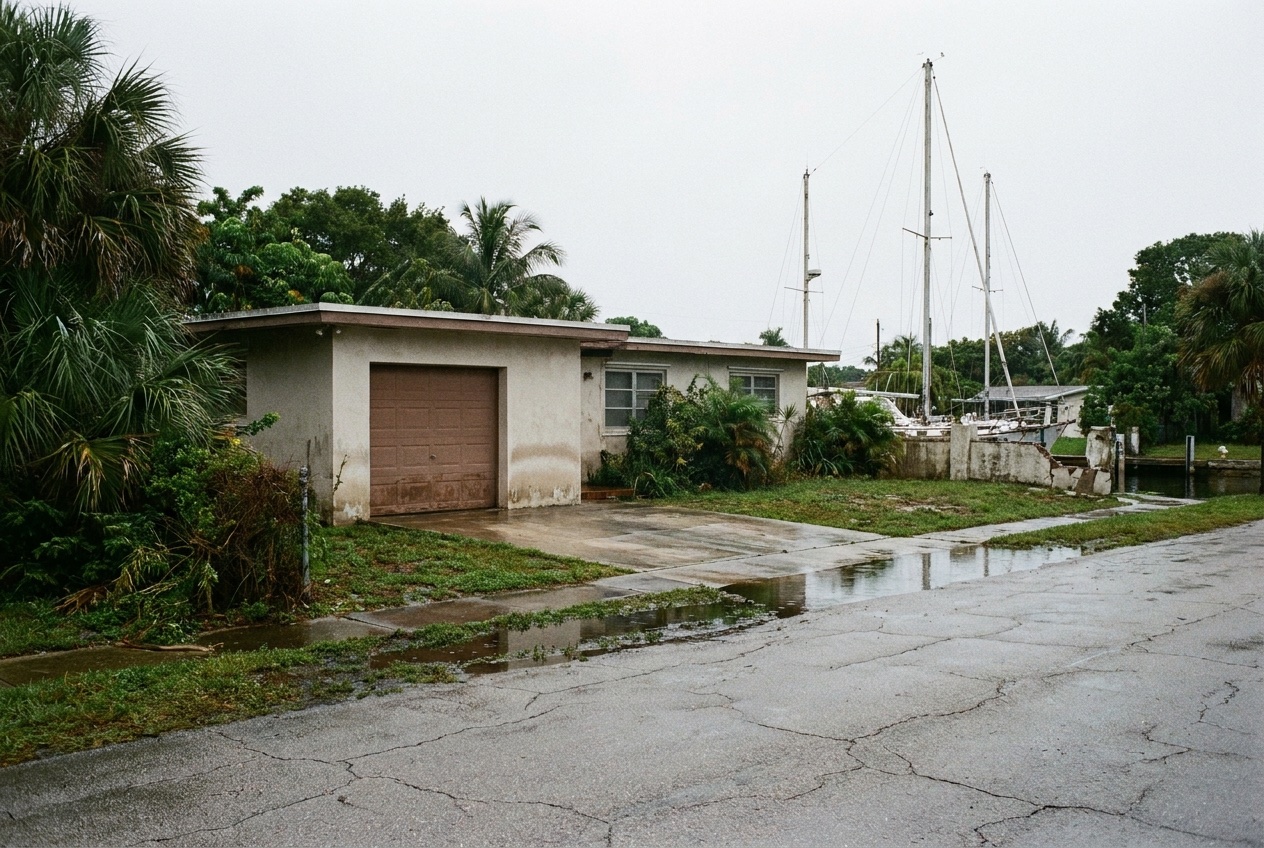 Slab-on-grade 1960s canal-front ranch home after tidal floodwater receded — illustrative; storm & hurricane damage restoration serving West Palm Beach