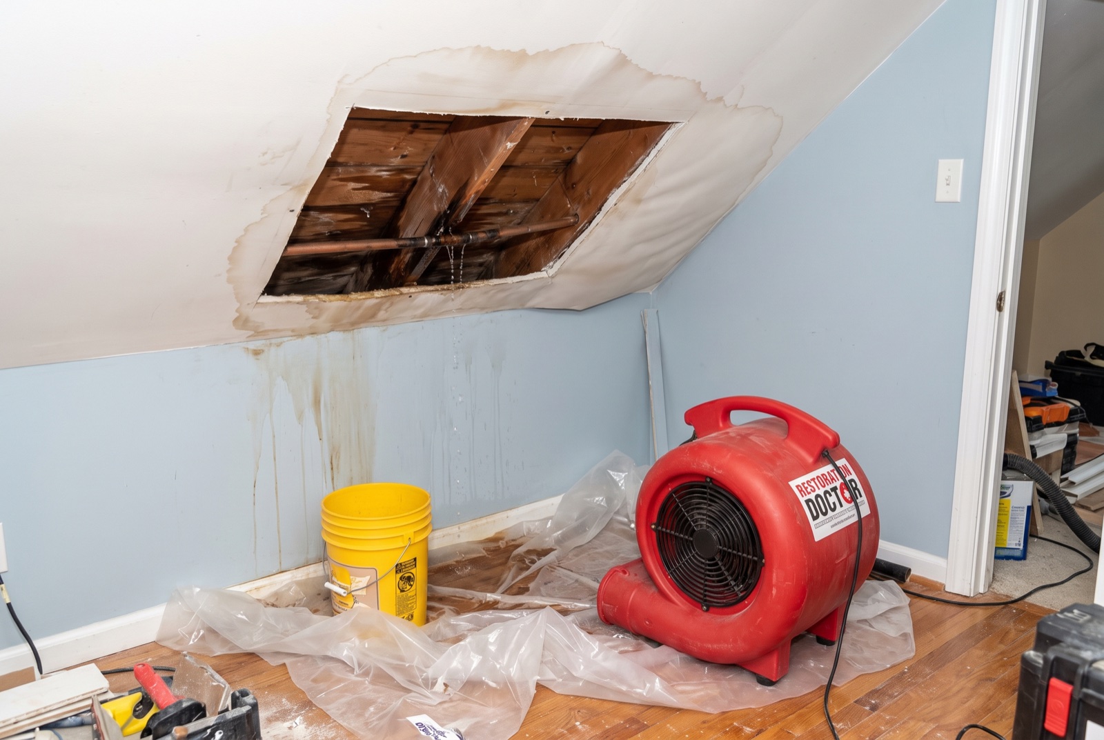 Emergency response to an active ceiling leak with containment and extraction — illustrative; water damage restoration serving Wellington