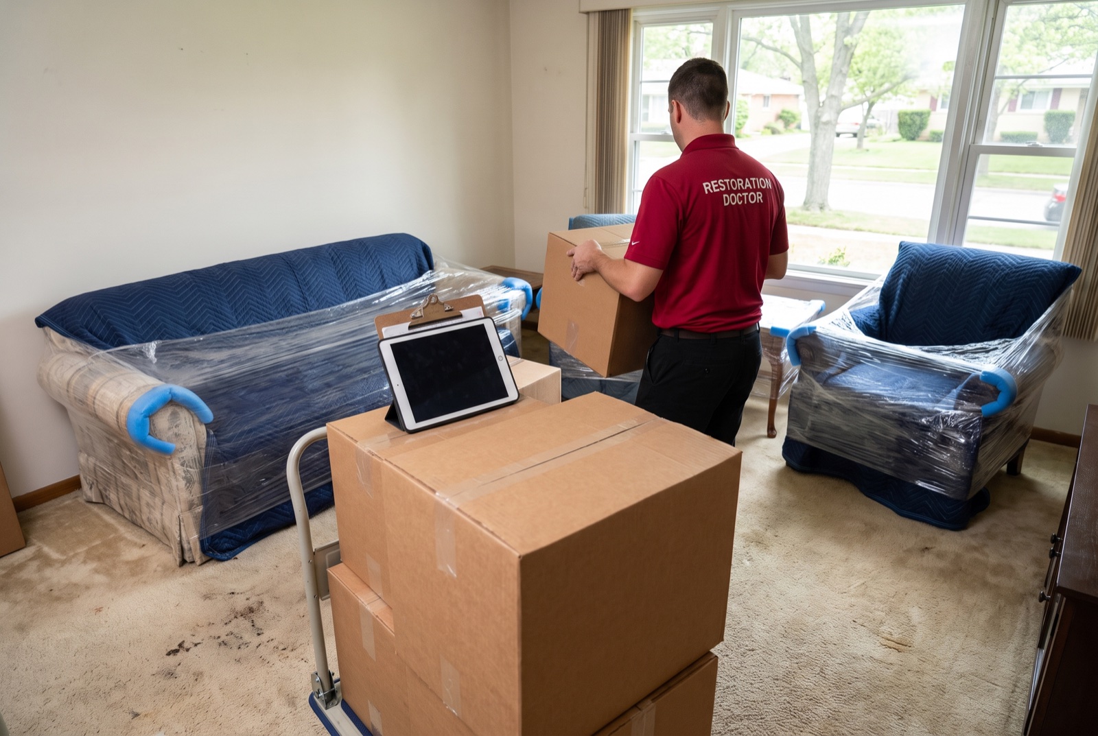 Inventoried contents pack-out with labeled boxes — illustrative; water damage restoration serving Jupiter