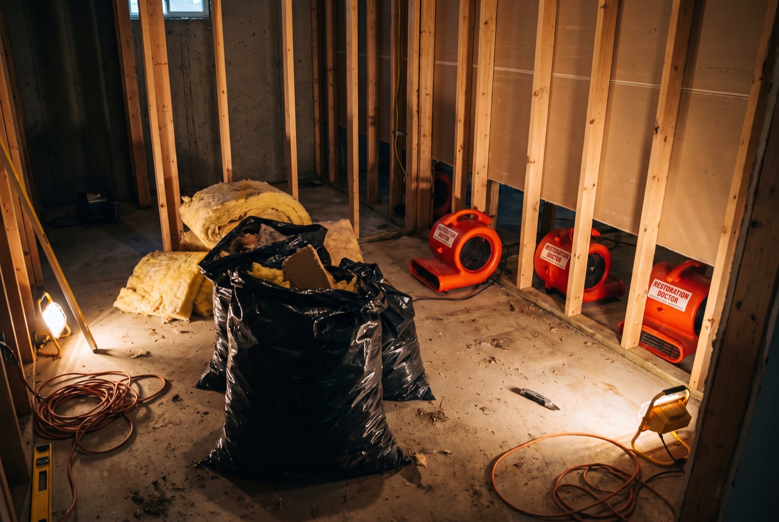 Flood-cut drywall removal exposing wall cavities for drying — illustrative; sewage cleanup serving West Palm Beach