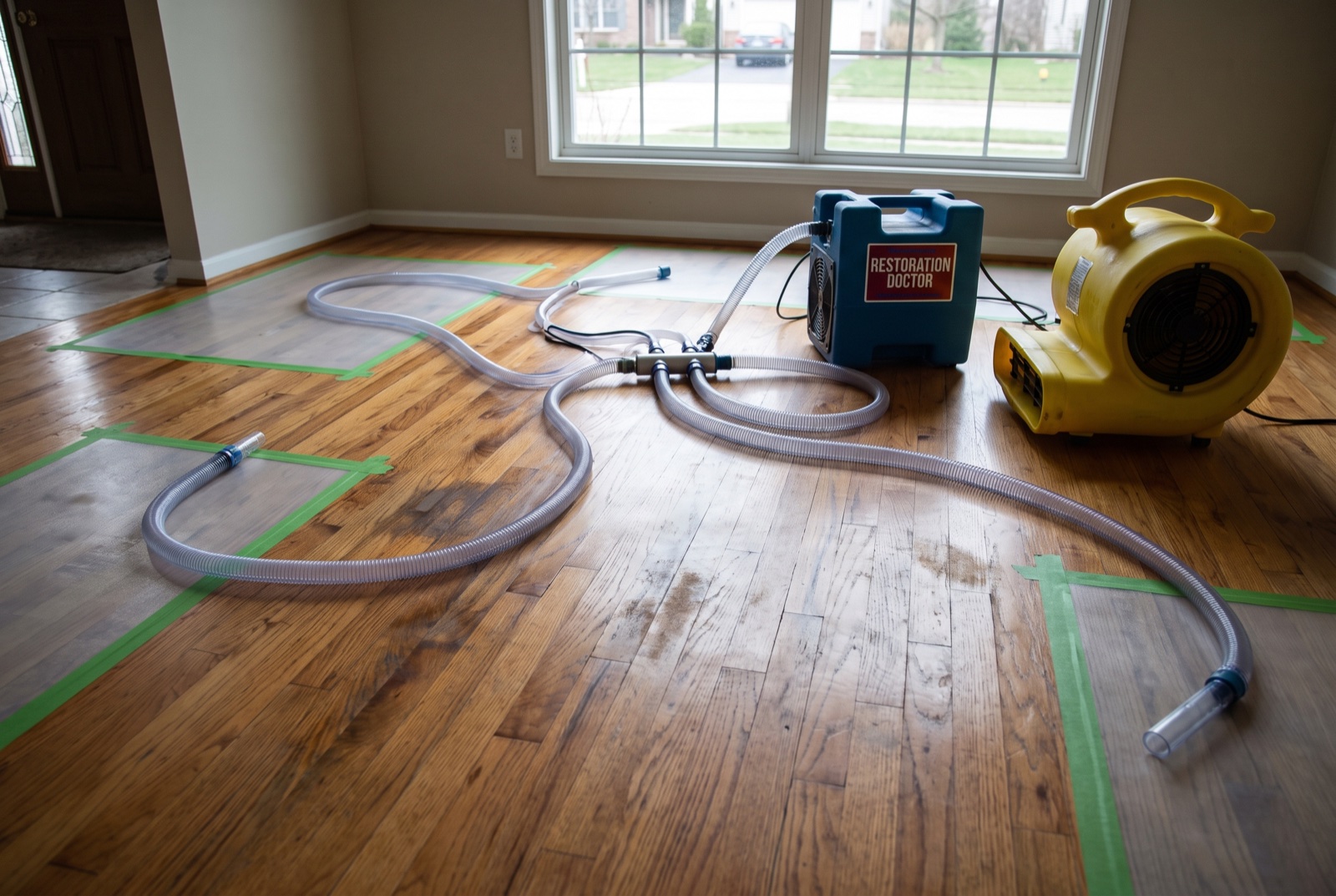 Hardwood floor drying-mat system extracting moisture from wood flooring — illustrative; water damage restoration serving Downtown West Palm Beach