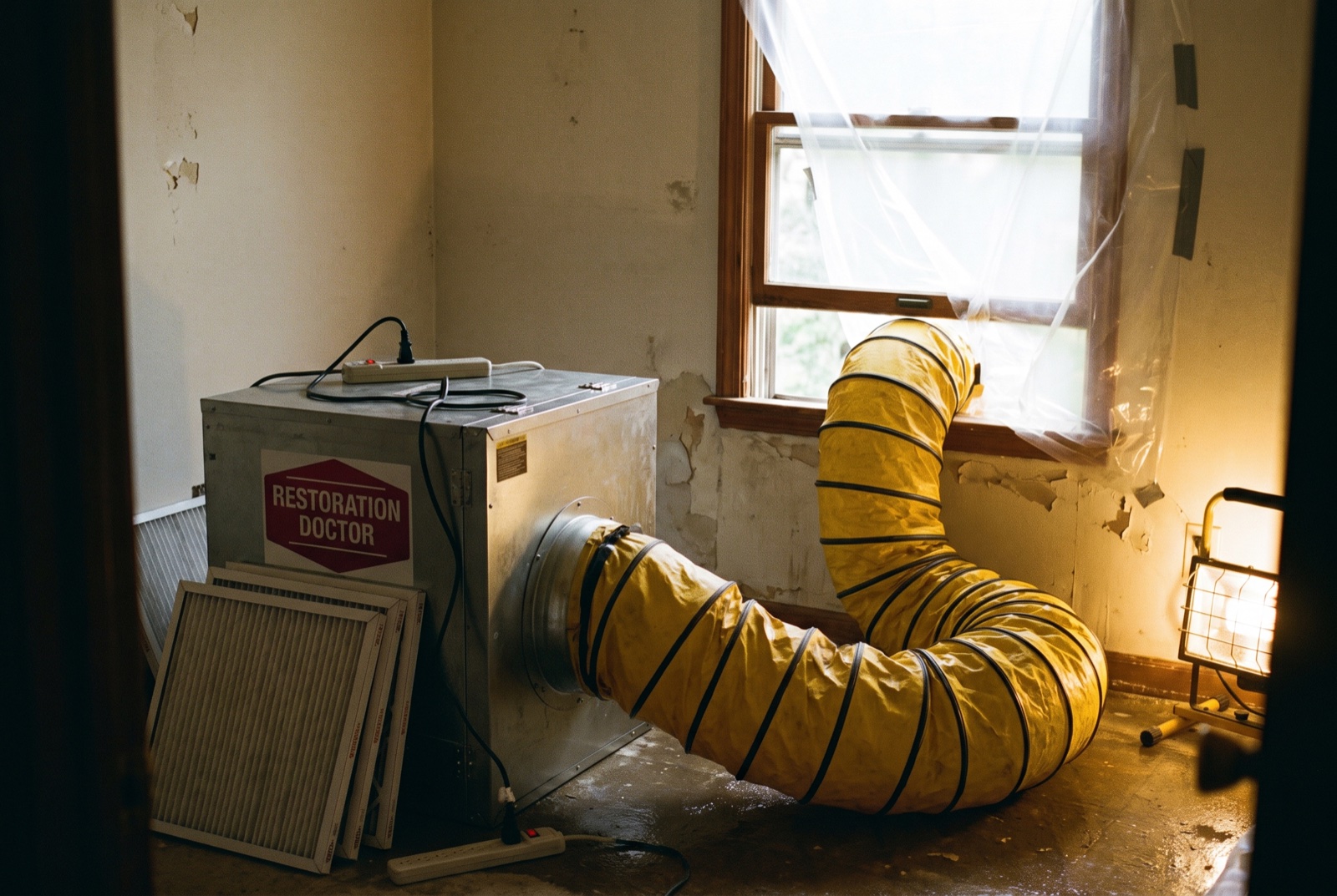HEPA air scrubber providing negative-air filtration during remediation — illustrative; sewage cleanup serving West Palm Beach