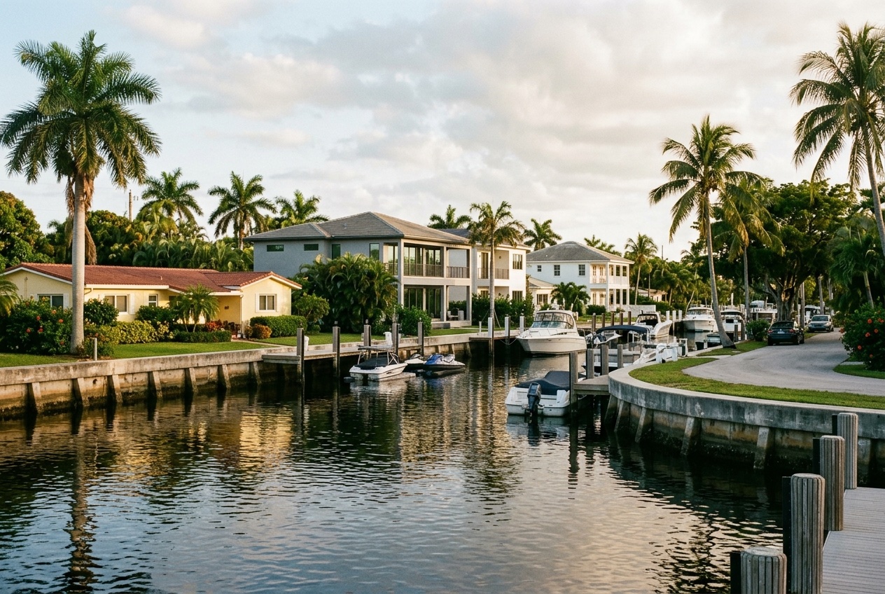 West Palm Beach finger-isle canal with concrete seawalls and mixed-era waterfront homes — illustrative; water damage restoration serving Riviera Beach