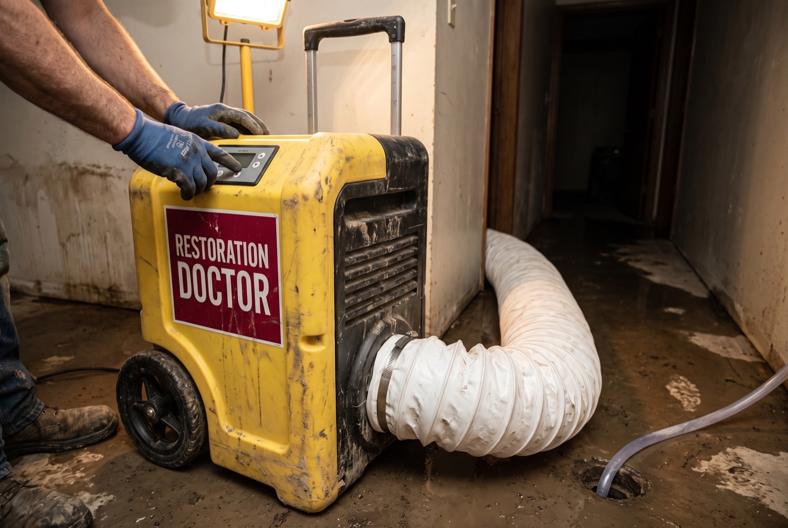 Low-grain refrigerant (LGR) dehumidifier running in a water-damaged interior — illustrative; water damage restoration serving Jupiter