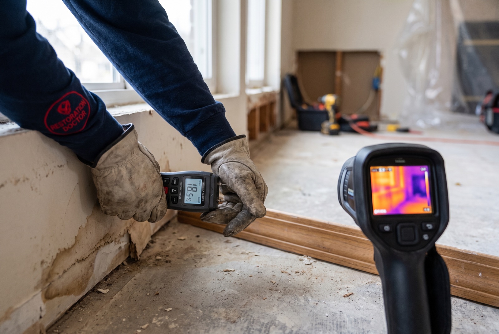 Moisture meter and thermal-imaging inspection of wall base and baseboard — illustrative; mold remediation serving West Palm Beach
