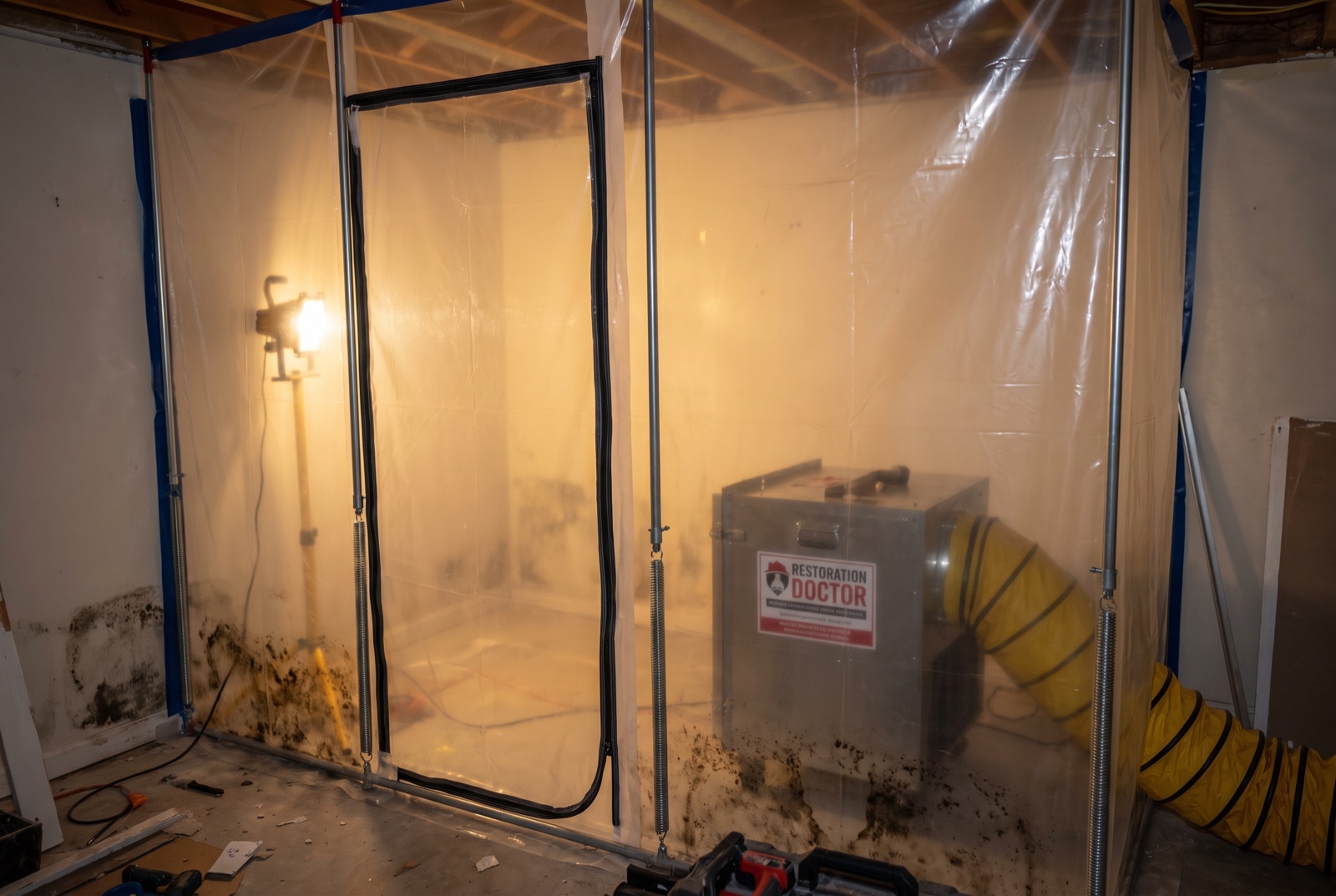 Poly containment with negative air pressure set for mold remediation — illustrative; mold remediation serving West Palm Beach