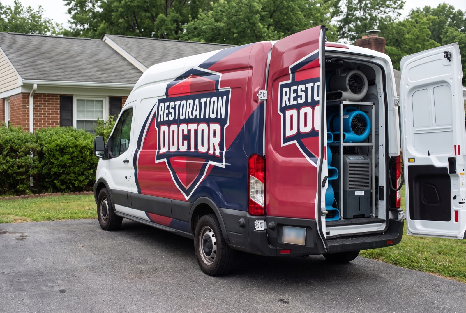Restoration Doctor-branded response van loaded with drying equipment — illustrative; contents restoration & pack-out serving West Palm Beach