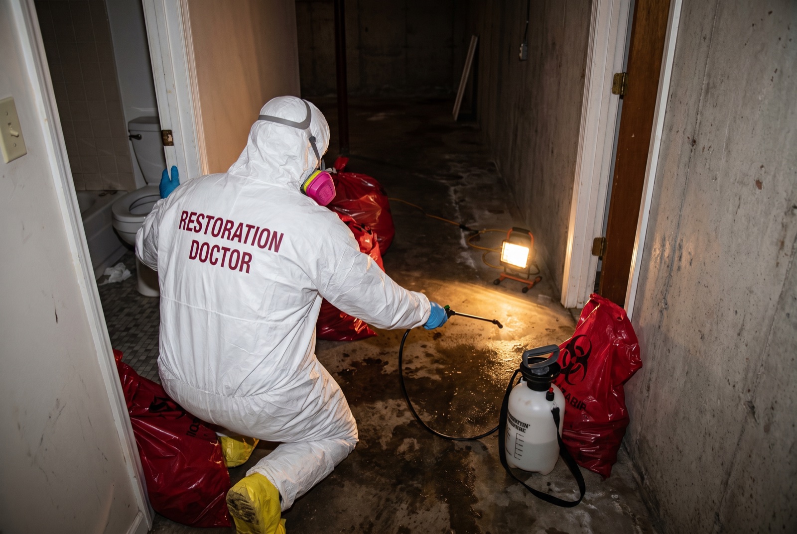 Technician in full PPE performing Category 3 sewage cleanup — illustrative; sewage cleanup serving West Palm Beach
