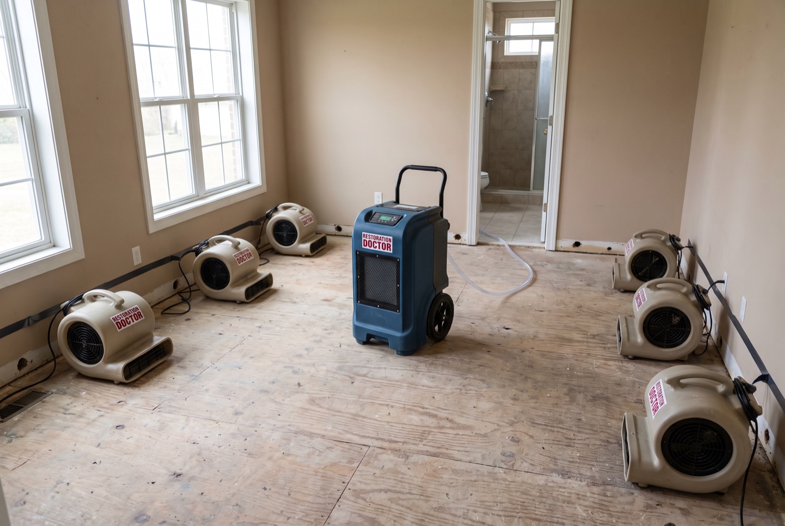 Structural drying equipment layout with air movers positioned along flood-cut walls — illustrative; storm & hurricane damage restoration serving West Palm Beach