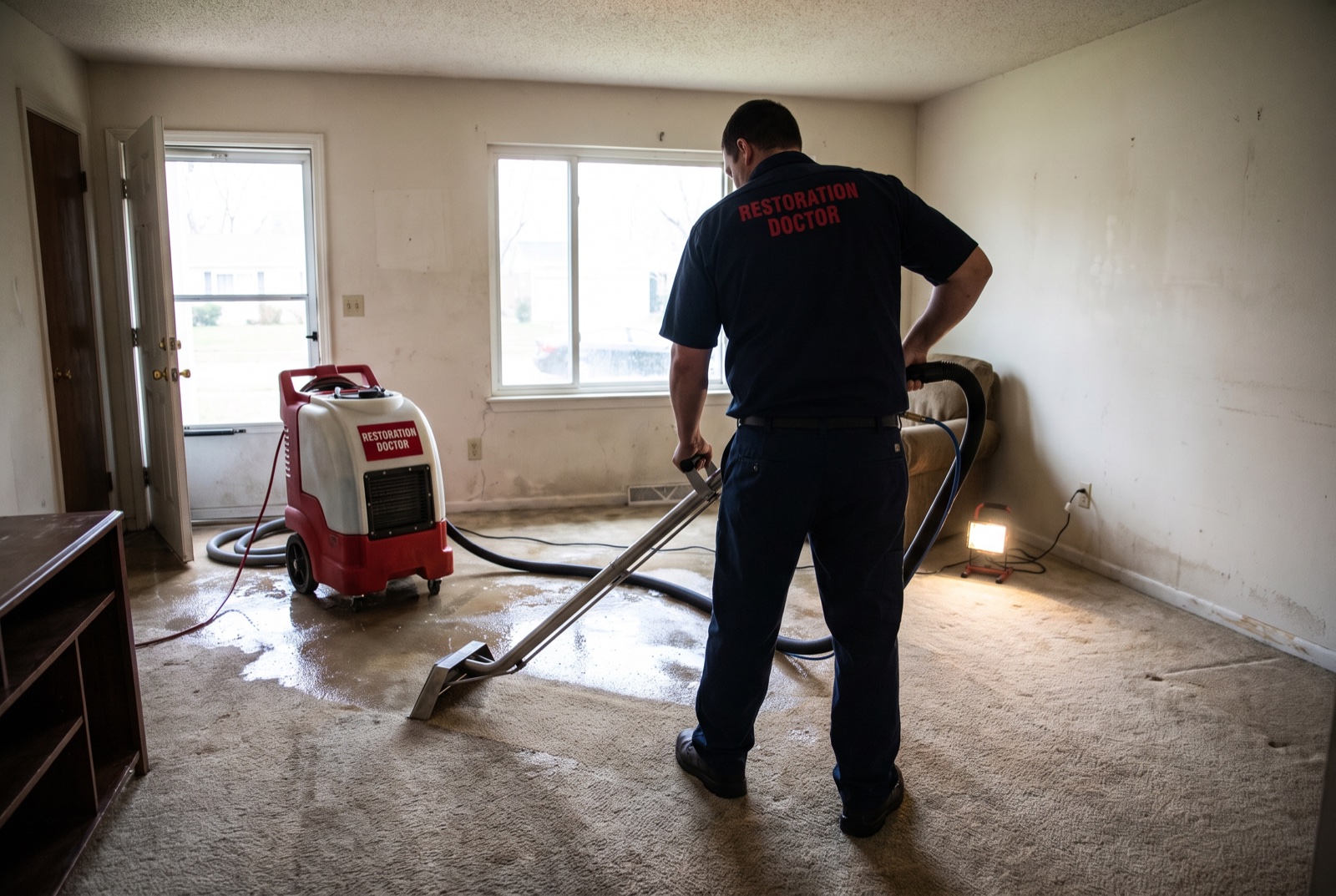 Truck-mounted water extraction in progress on a tile-over-slab floor — illustrative; water damage restoration serving West Palm Beach