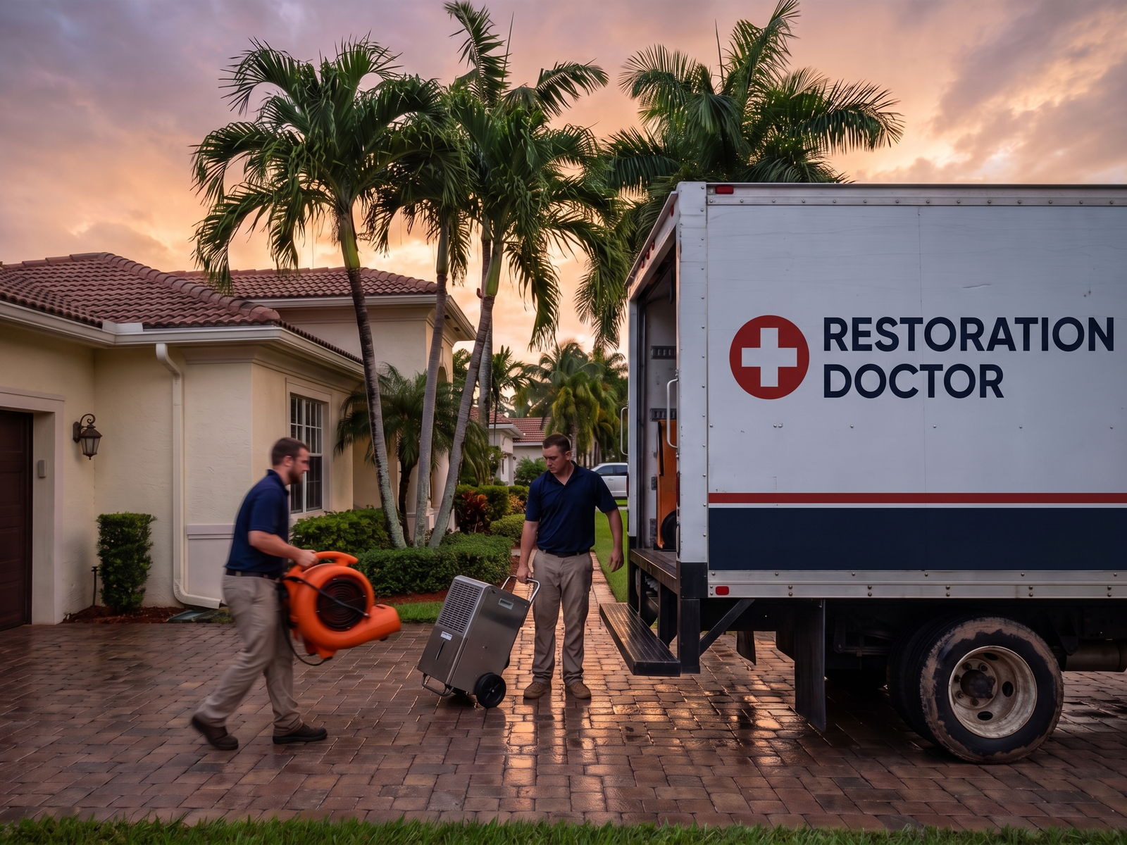 Restoration Doctor branded box truck and crew unloading drying equipment at a West Palm Beach home after a storm