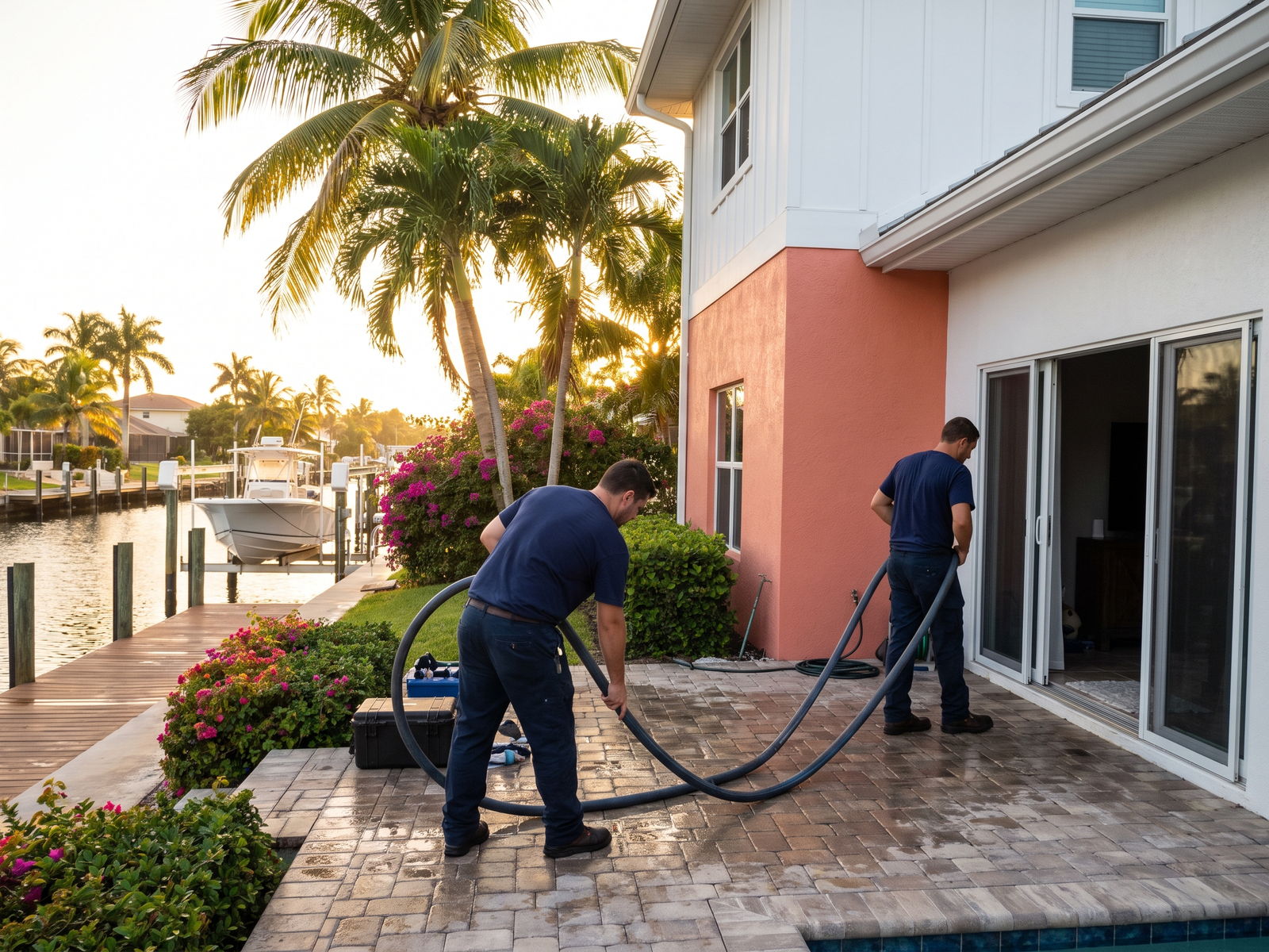 Restoration Doctor crew running water extraction at a canal-front West Palm Beach home where tidal water came over the seawall