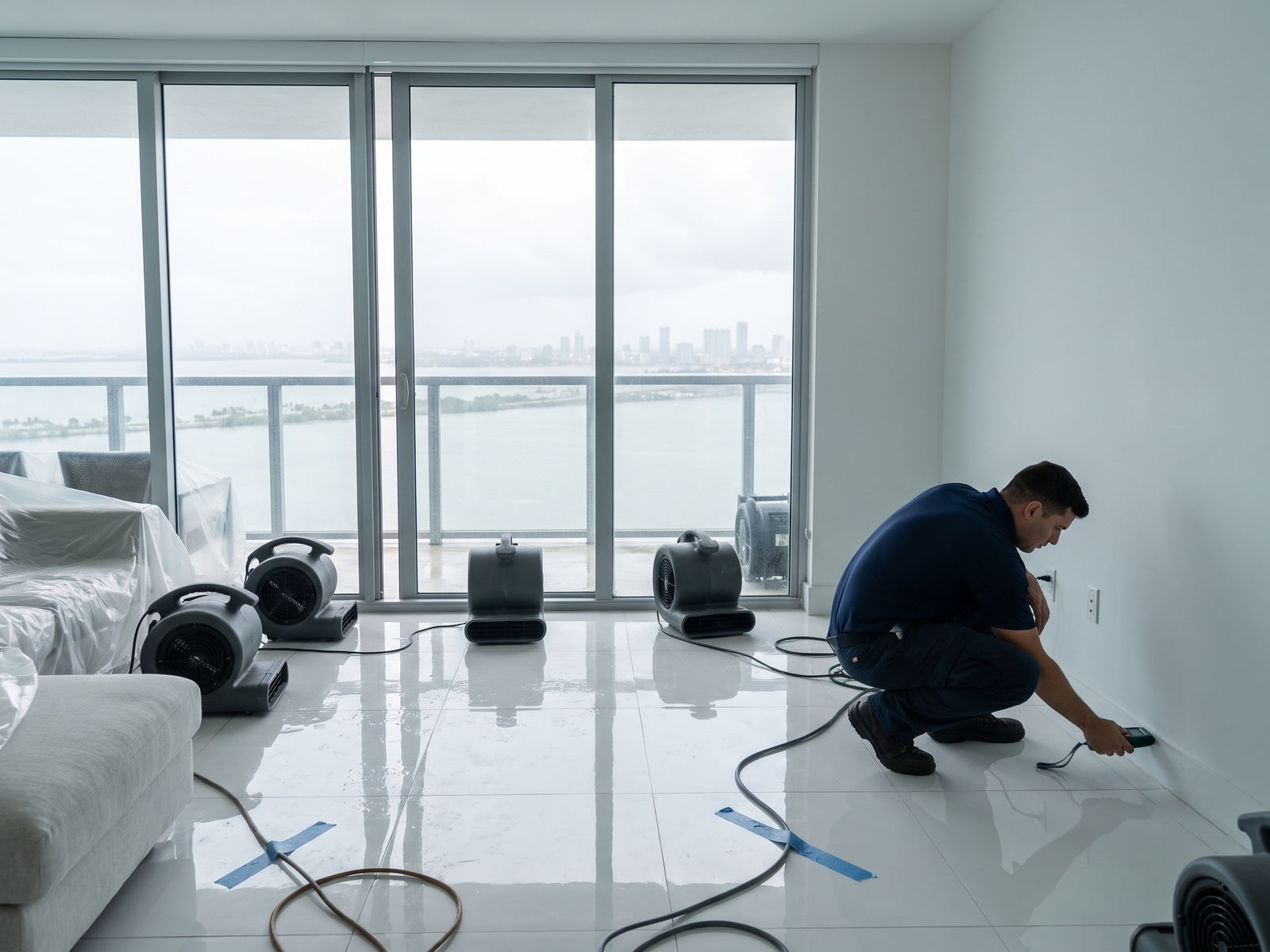 Structural drying equipment staged in a high-rise condo unit overlooking the West Palm Beach waterfront