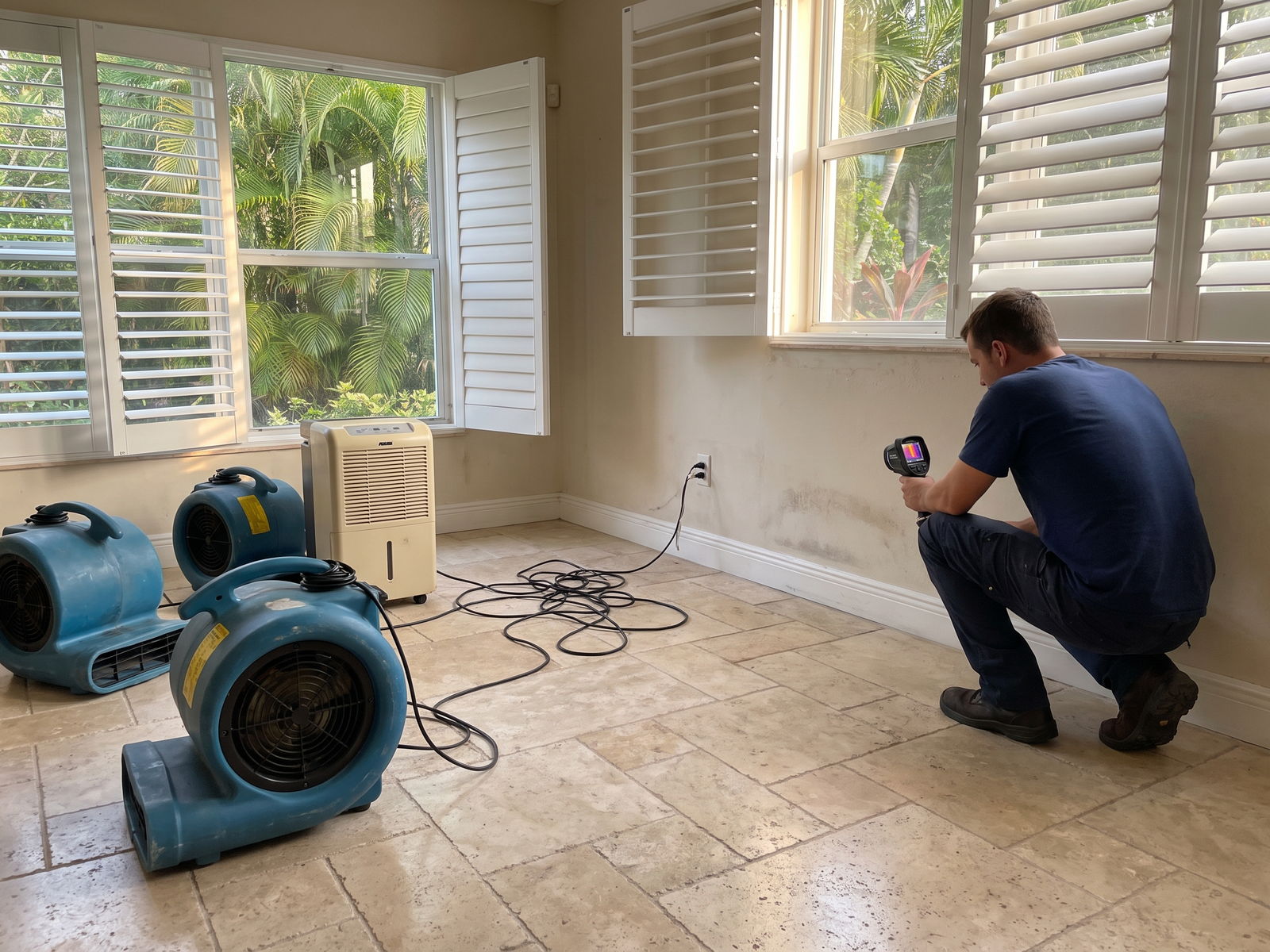 Thermal-imaging moisture inspection during structural drying inside a West Palm Beach home, with air movers running along the wall base