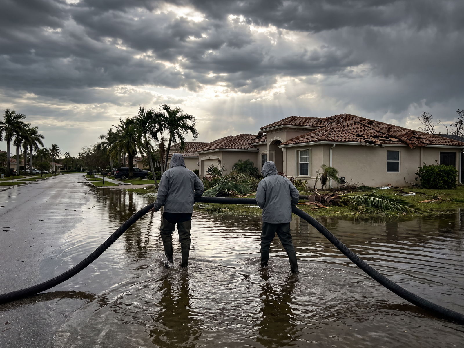 Restoration Doctor technicians running extraction hose down a flooded palm-lined West Palm Beach street after a hurricane